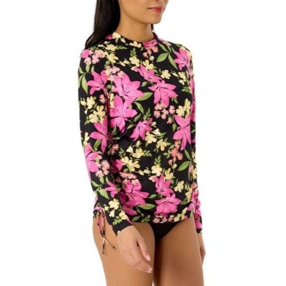 Hurley Ladies Long Sleeve Rash Guard Swim Top Black Pink Floral Small NWT - Picture 4 of 4